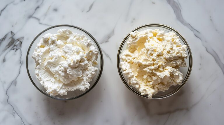 Ricotta and Mascarpone cheese on kitchen surface in seperate bowls