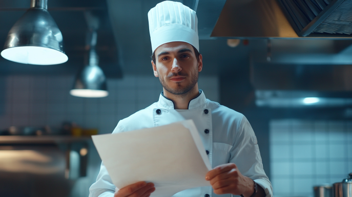 A Chef Wearing a White Uniform and Hat Is Standing in A Commercial Kitchen, Holding and Reviewing an Incident Report