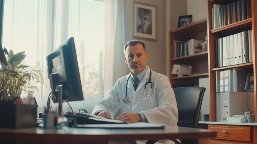 A Doctor Wearing a White Coat and A Stethoscope Sits at A Desk in A Medical Office, Ready to Consult a Patient, Possibly for A Food-Related Injury