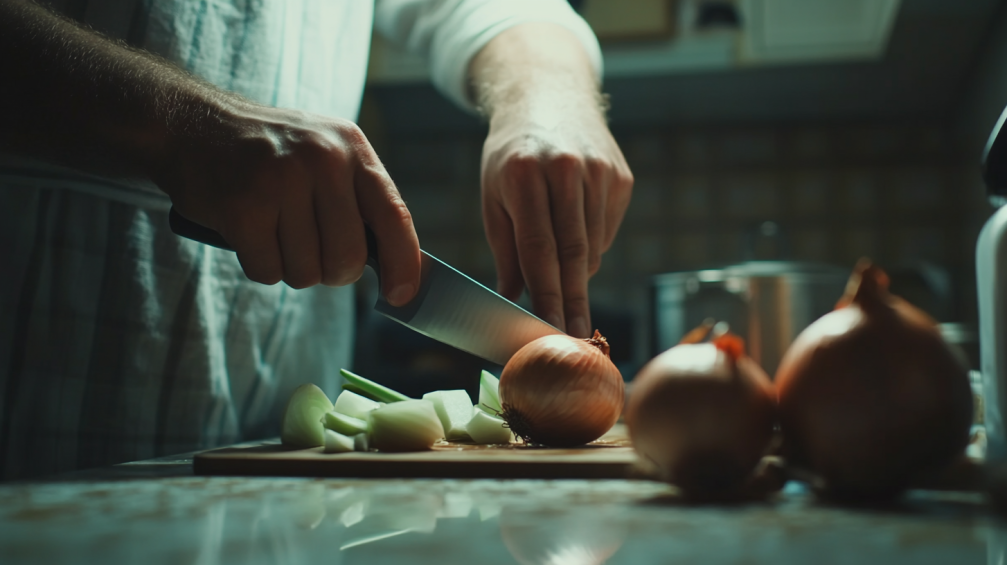 A Person Is Carefully Cutting an Onion on A Chopping Board with A Large Knife in A Kitchen, Highlighting the Potential for Food-Related Injuries