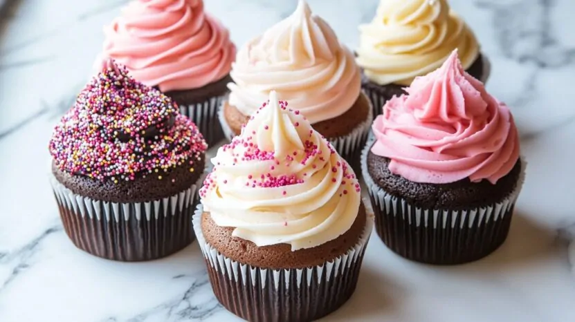 A variety of colorful frosted cupcakes with sprinkles arranged on a marble surface.