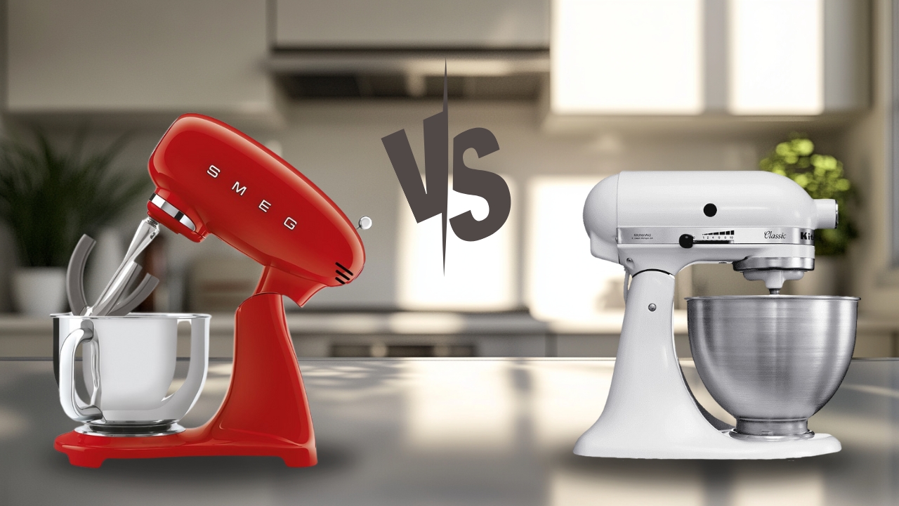 comparison of two stand mixers: a sleek red Smeg mixer and a classic white KitchenAid mixer, placed in a modern kitchen with a "VS" symbol in between, highlighting their differences