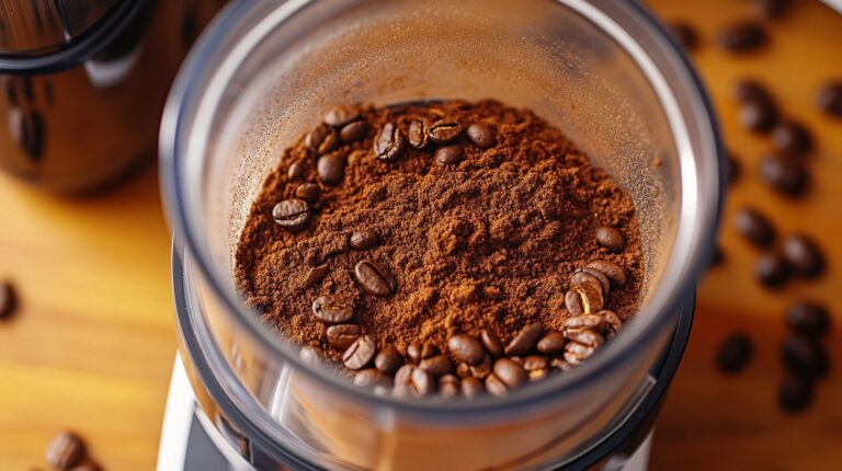 A close-up image of ground coffee and whole coffee beans inside a food processor. The rich brown coffee grounds and beans are visible in the transparent container, ready for brewing. Scattered coffee beans surround the processor on a wooden surface, creating a warm and inviting atmosphere.