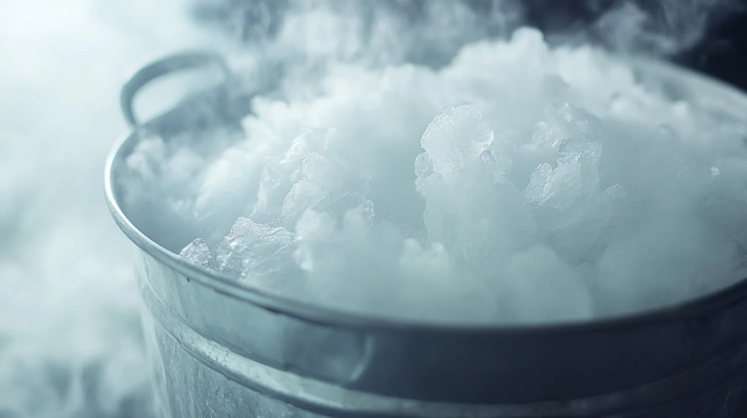 Dry Ice in a metal bucket, close up, smoking