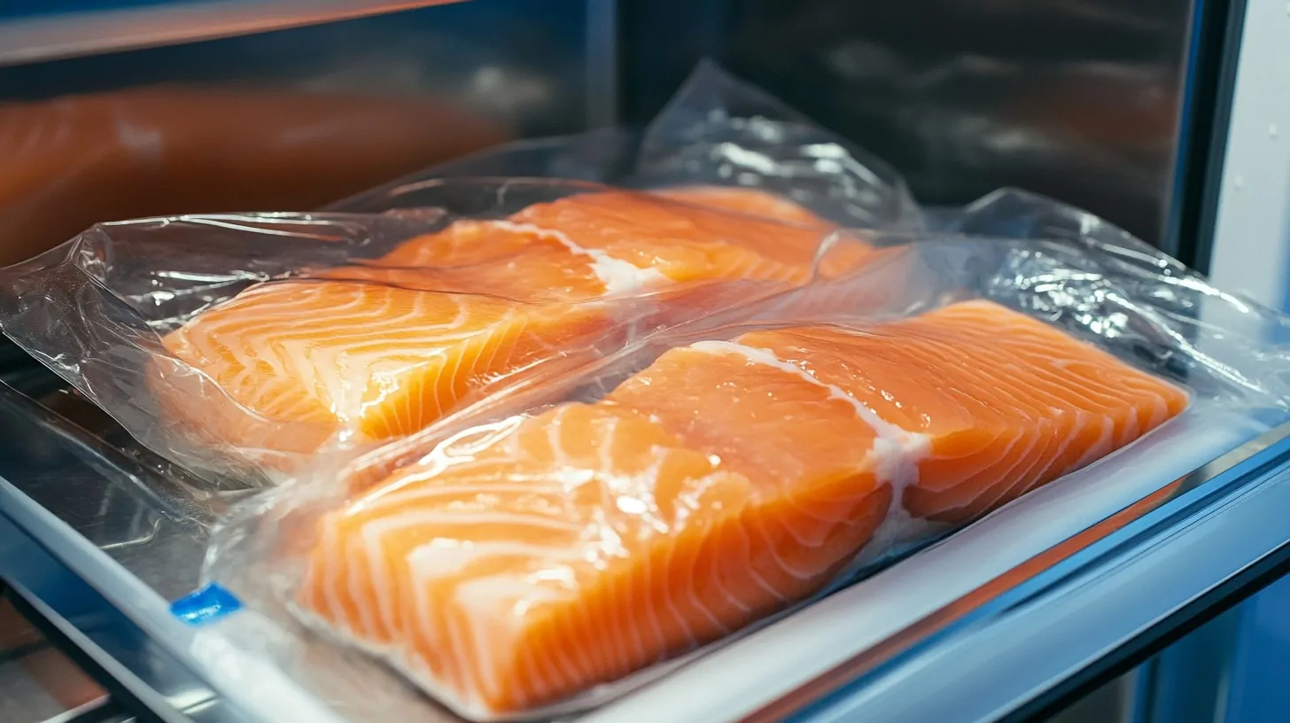 Vacuum-sealed fresh salmon fillets stored in a refrigerator drawer.