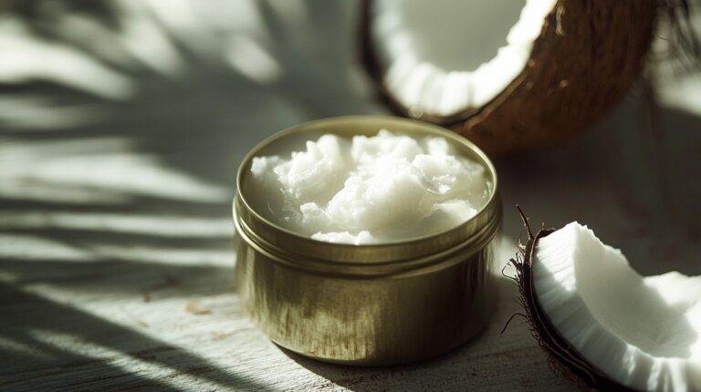 A small jar of solid coconut oil sits on a table, with a halved coconut nearby. Soft natural light casts gentle shadows, creating a serene and tropical atmosphere.