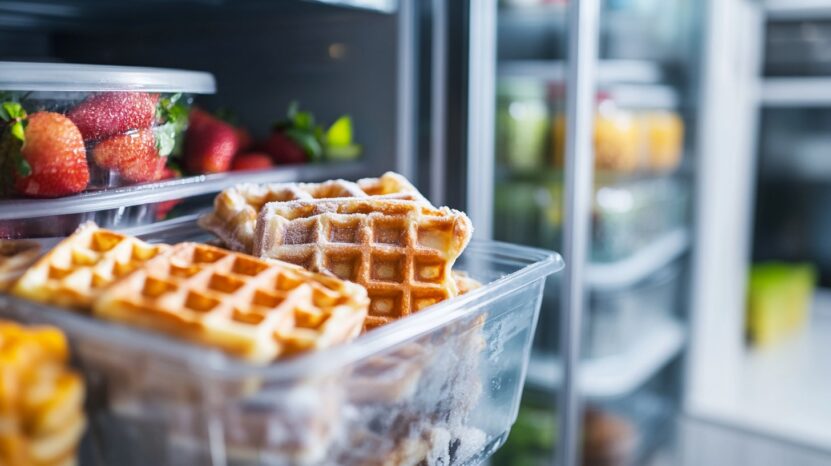 Frozen waffles stored in a container inside a refrigerator, with strawberries visible in the background.