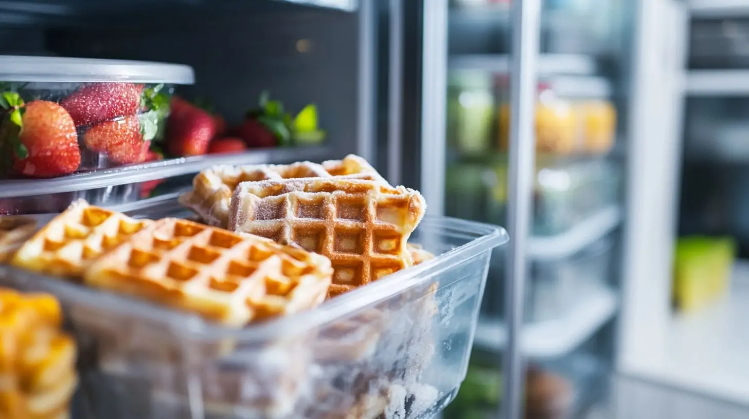 Frozen waffles stored in a container inside a refrigerator, with strawberries visible in the background.